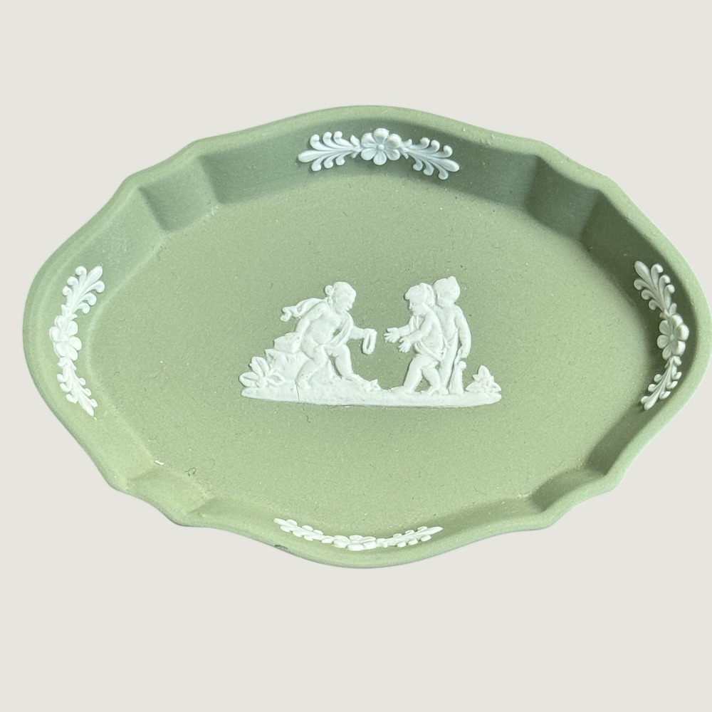 Wedgwood Sage Green Jasperware Scalloped Oval Trinket Dish Cherubs England